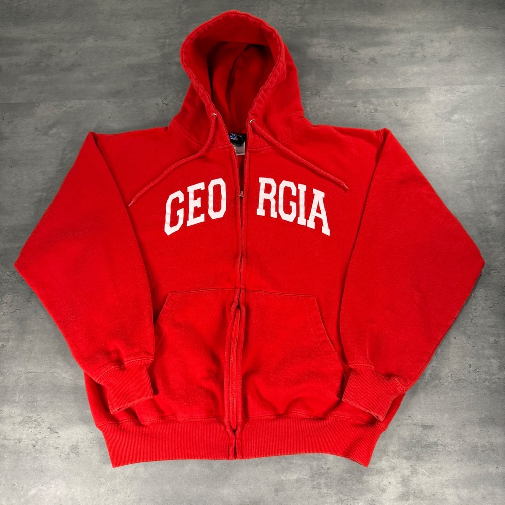 Vintage 90s Georgia Bulldogs Hoodie Mens Large Red White Full Zip Sweatshirt - Picture 2 of 7